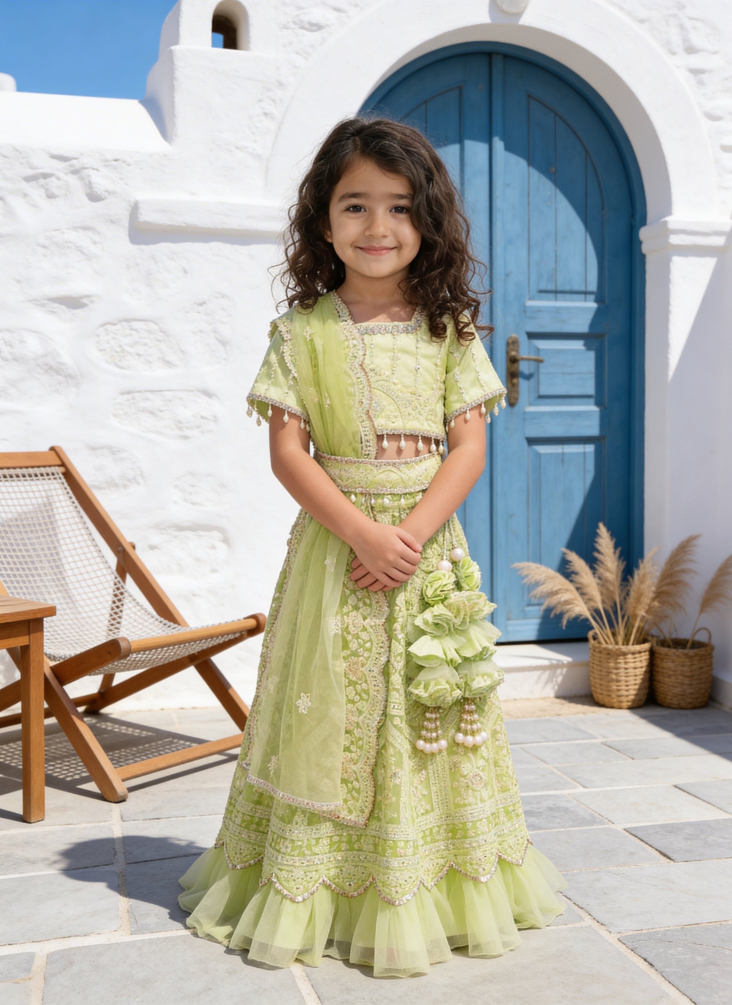 Green Thread Lehenga for Girls