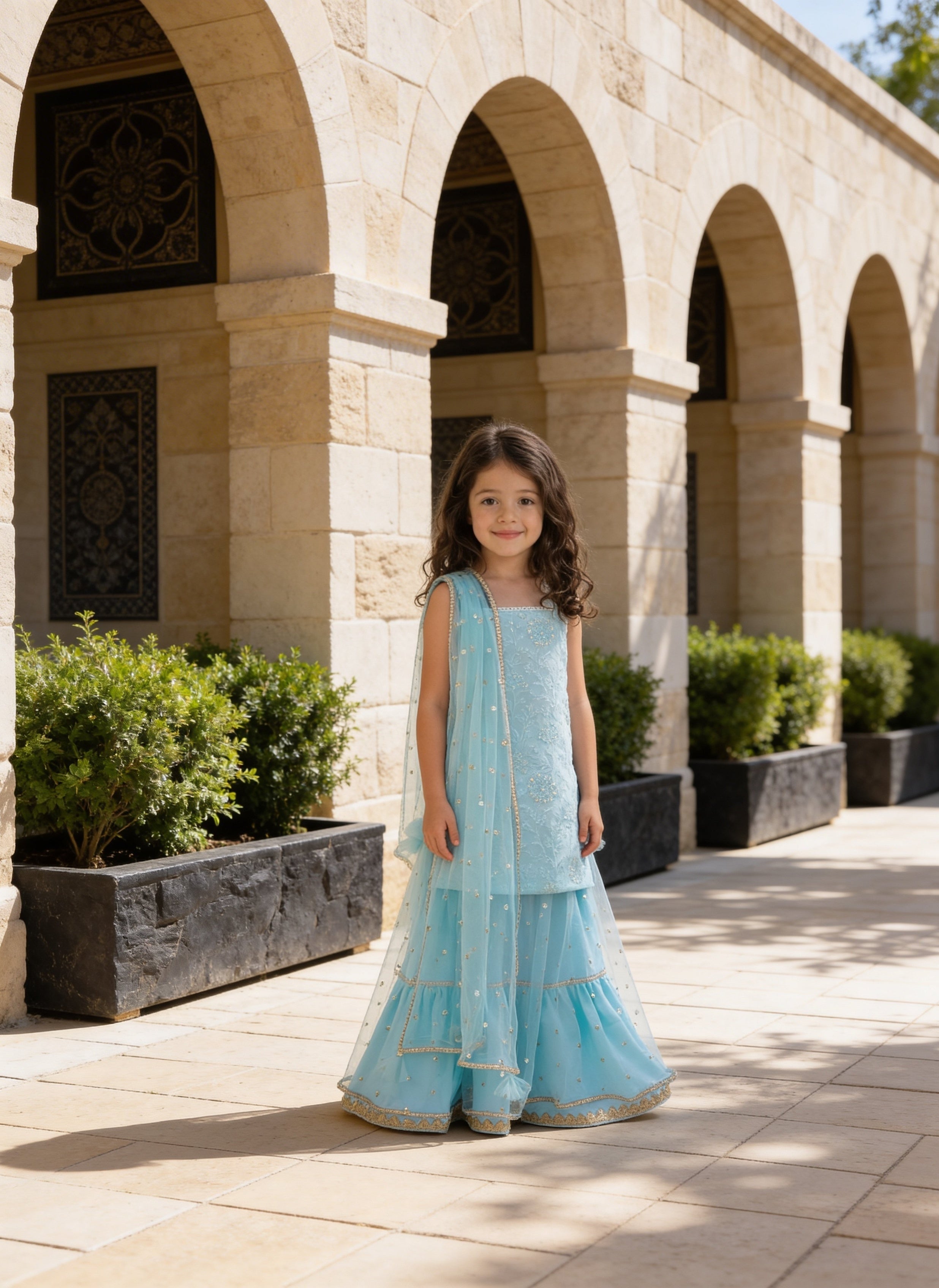 Blue Embroidered Kurti Lehenga Set