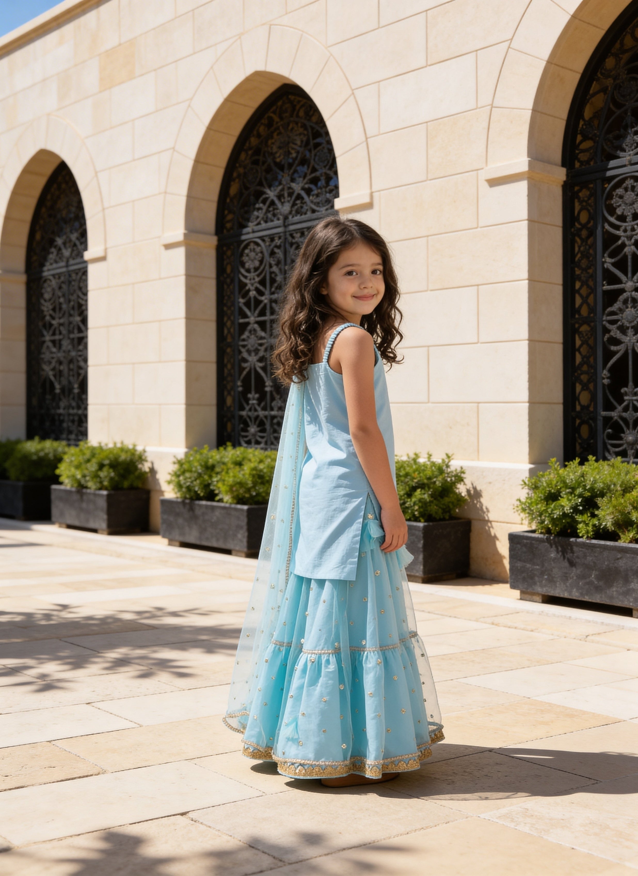 Blue Embroidered Kurti Lehenga Set