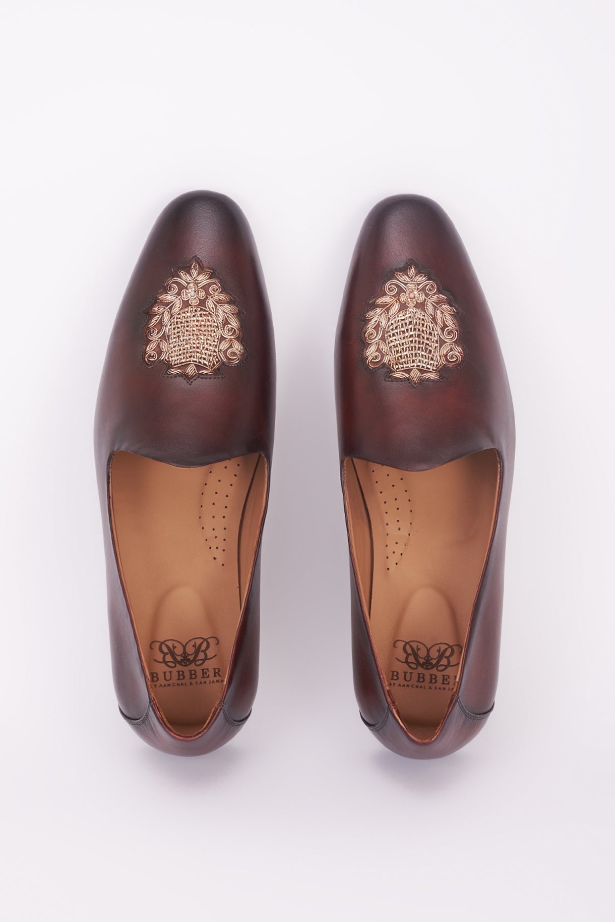Dark brown and gold insignia embroidered Italian leather mojdi