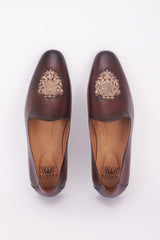 Dark brown and gold insignia embroidered Italian leather mojdi