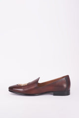 Dark brown and gold insignia embroidered Italian leather mojdi