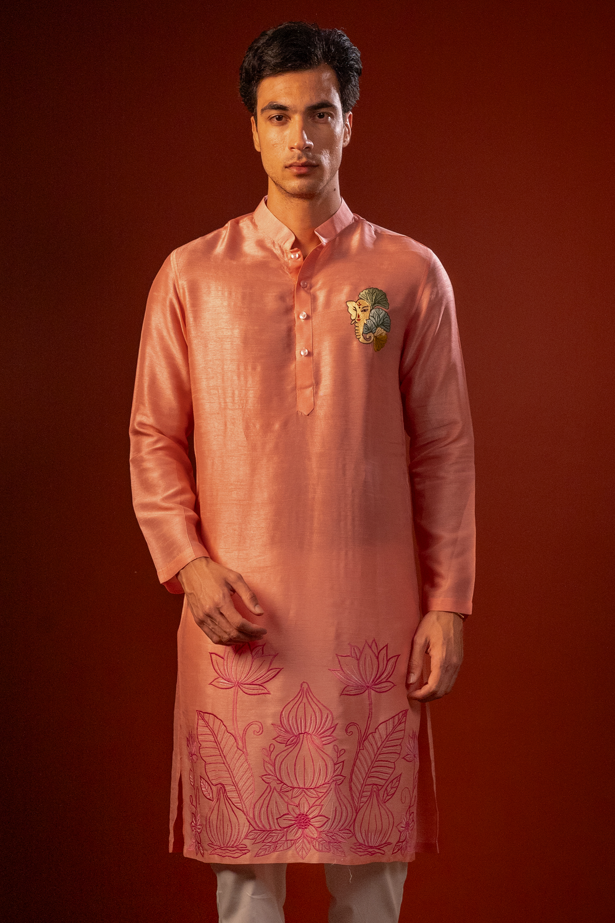 Shubhan — Peach Thread Embroidered Falling Raw Silk Kurta