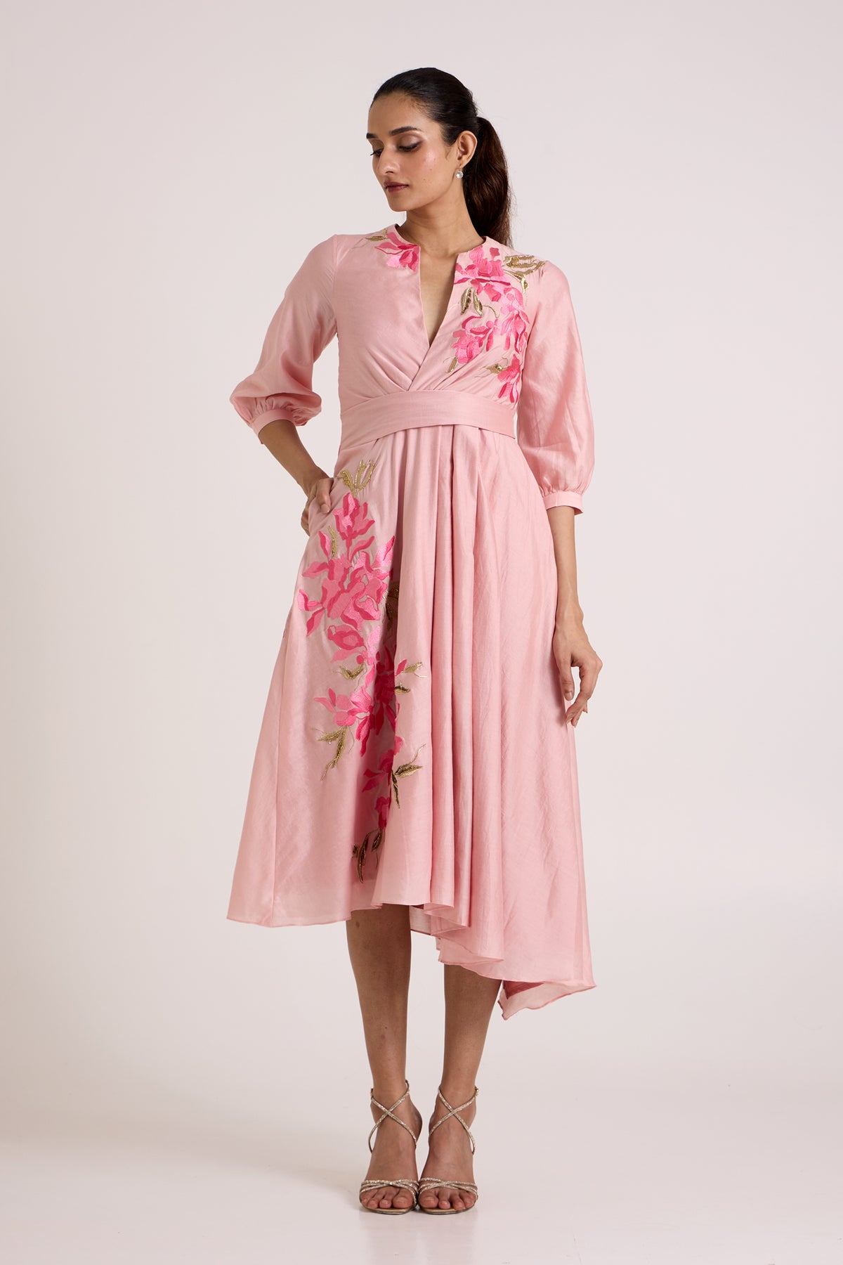 Ice Pink Mezlyn - Pinched Waist Midi Dress