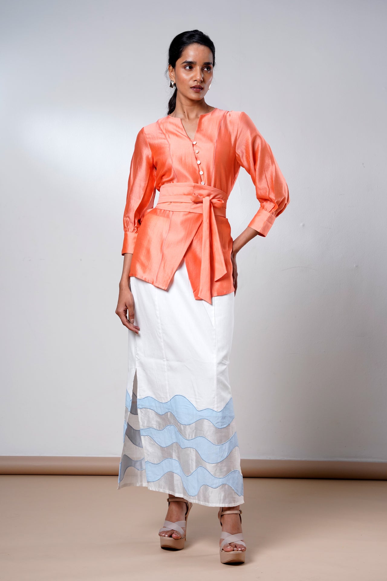 nella-coral-breeze-wrap-top-denim-skirt