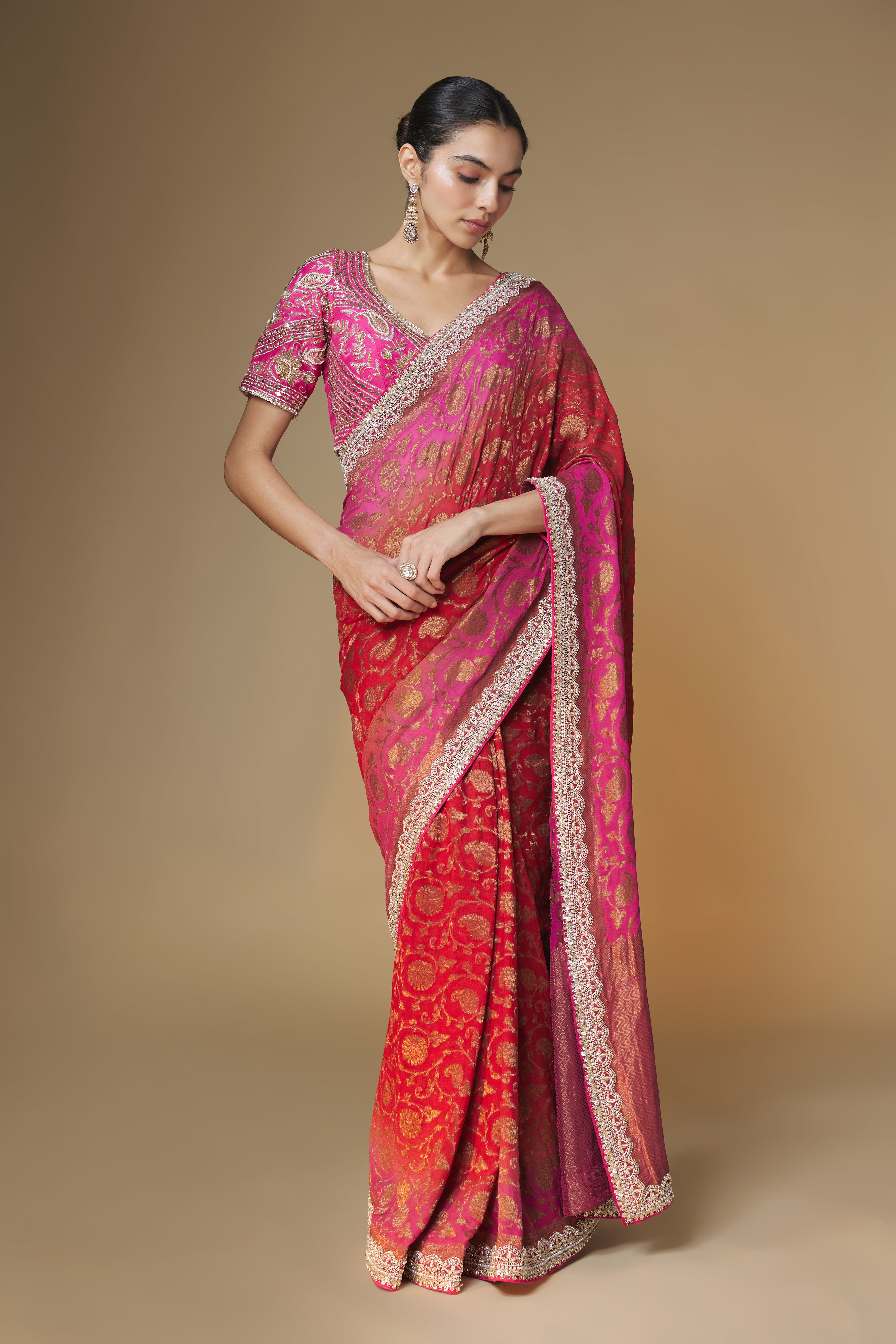 Pink & red Benarasi saree with embroidered blouse