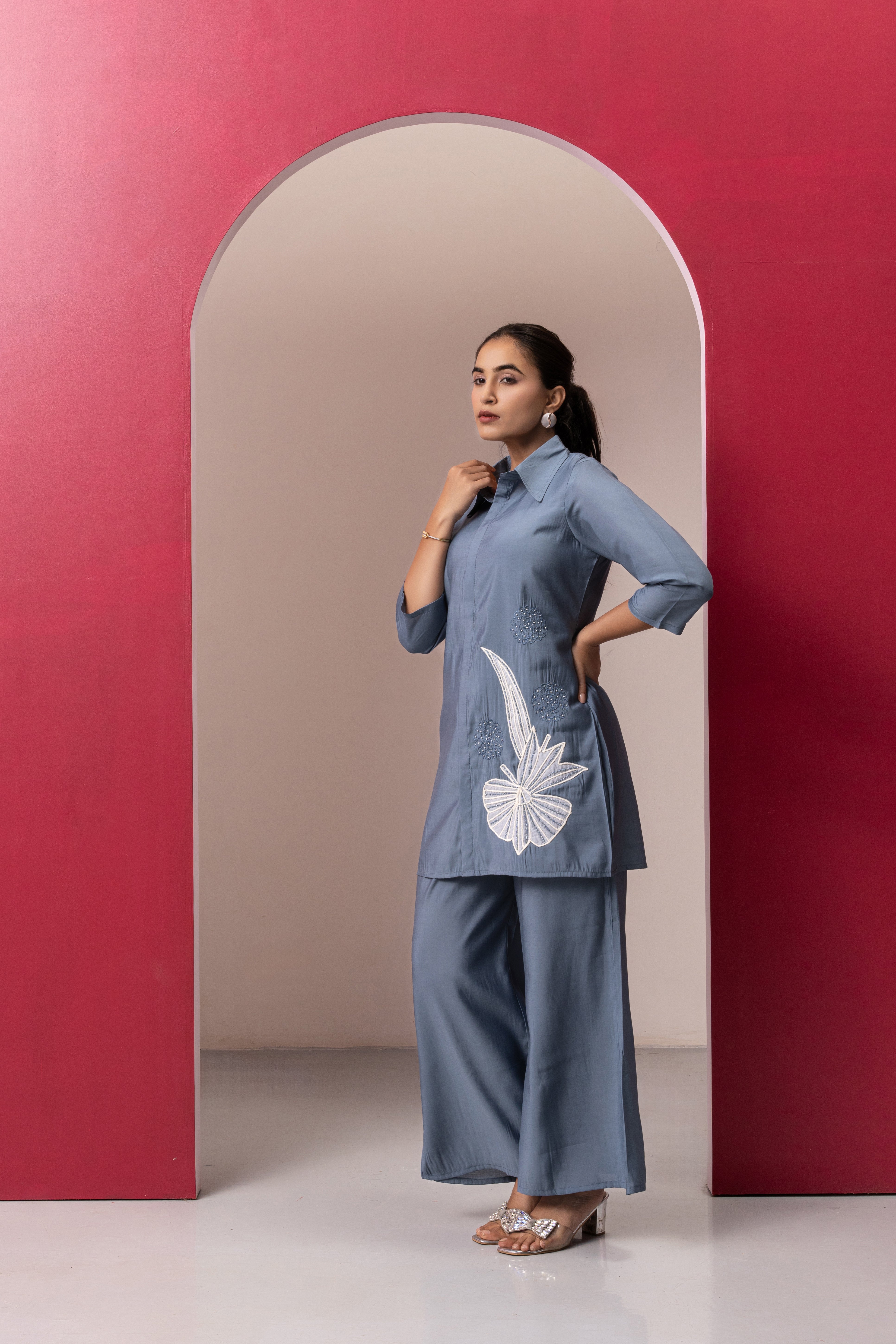 GREY COTTON EMBROIDERD CO-ORD SET