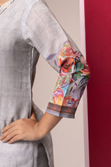 GREY PRINTED COTTON LINEN KURTA SET