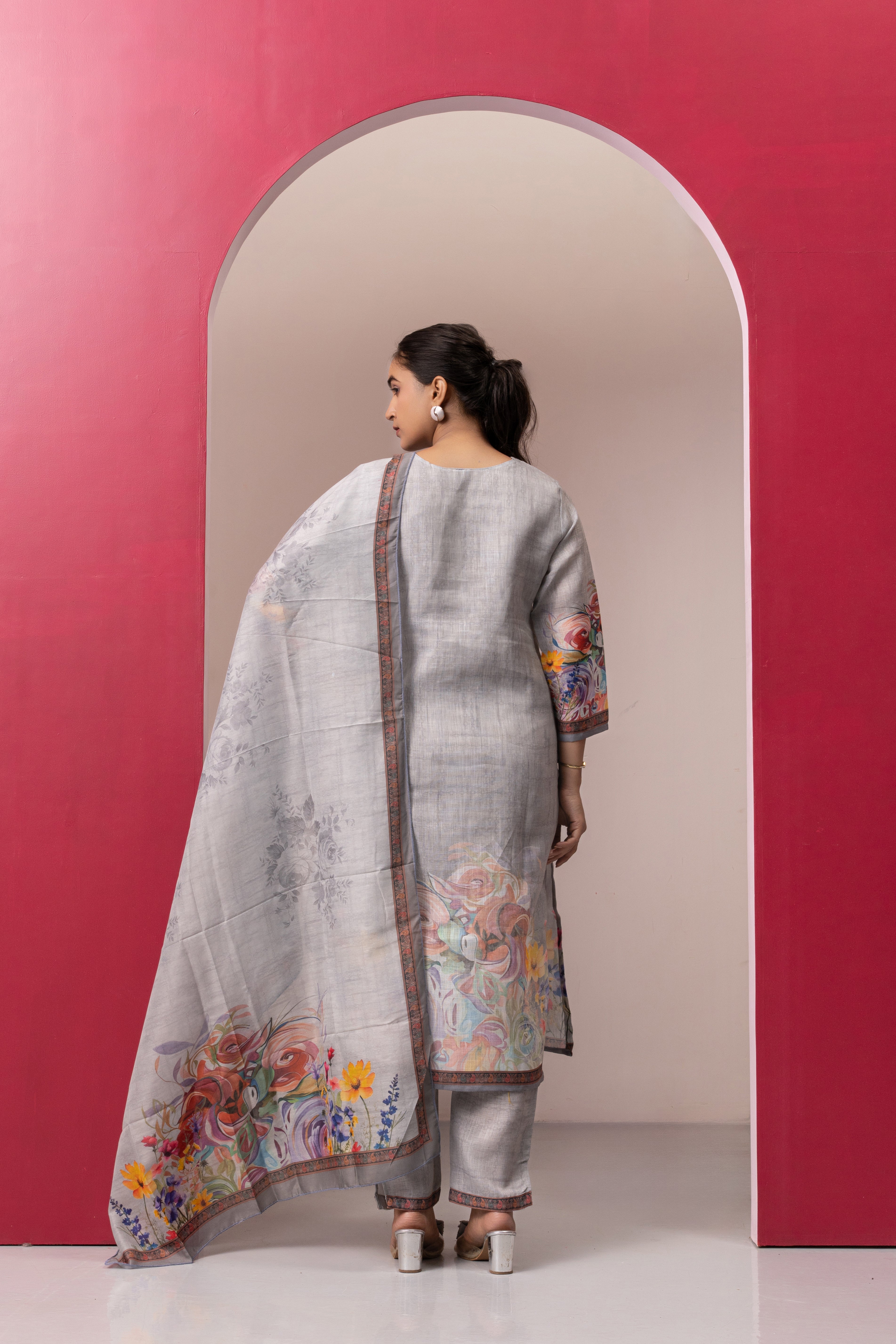 GREY PRINTED COTTON LINEN KURTA SET