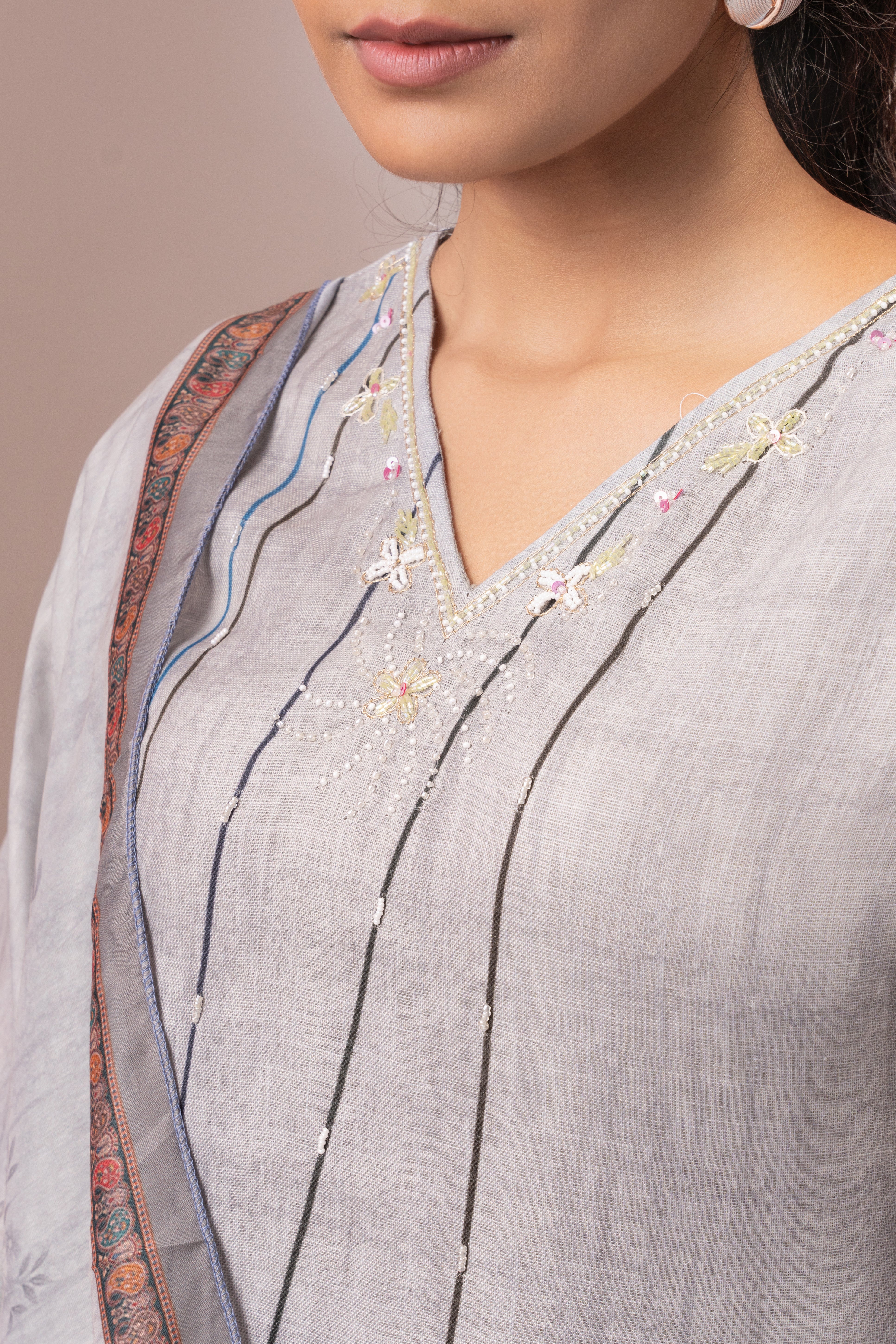 GREY PRINTED COTTON LINEN KURTA SET