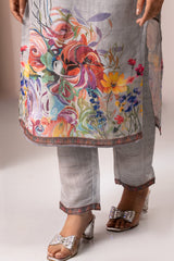 GREY PRINTED COTTON LINEN KURTA SET