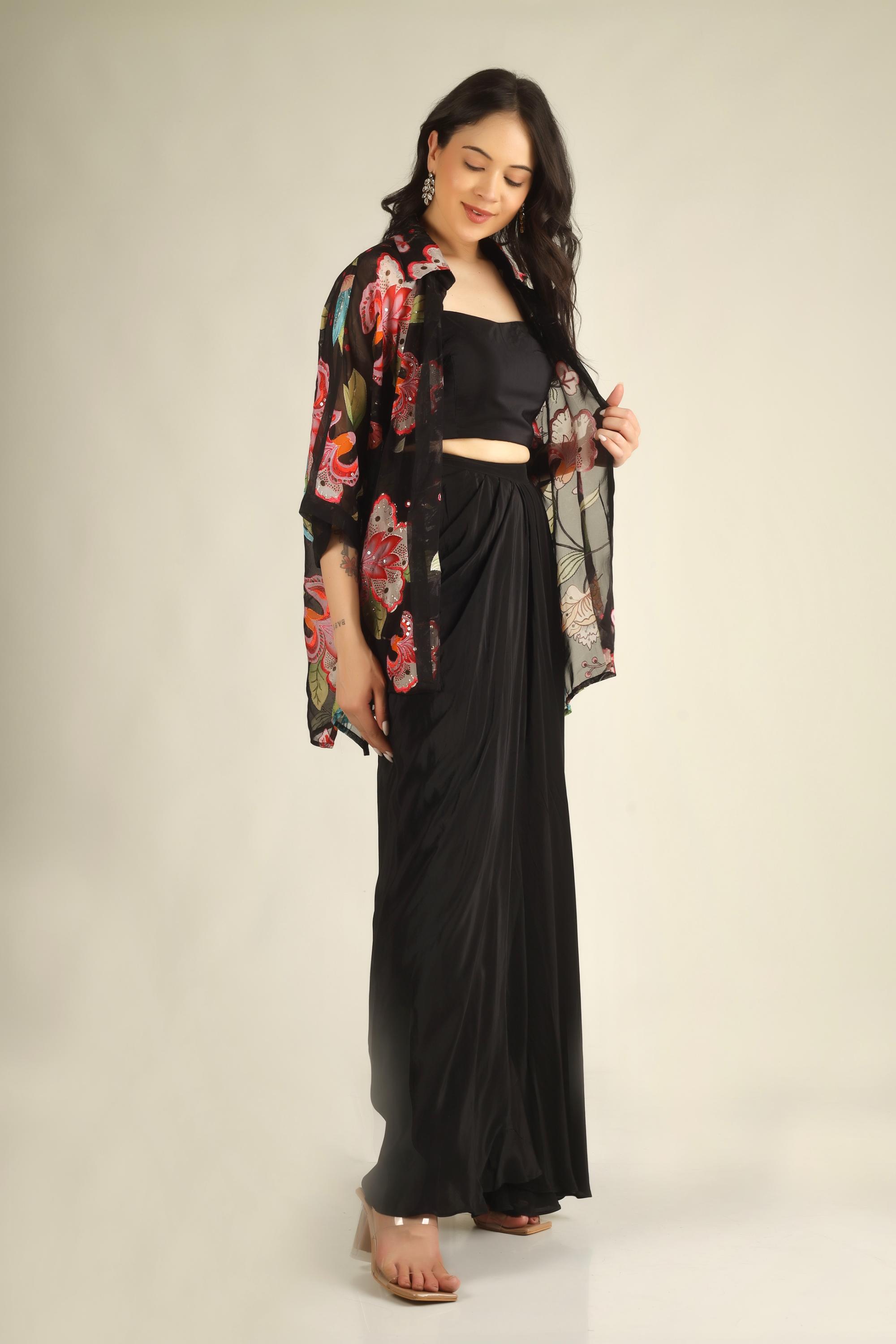 Women's Crepe silk Black Indo-western