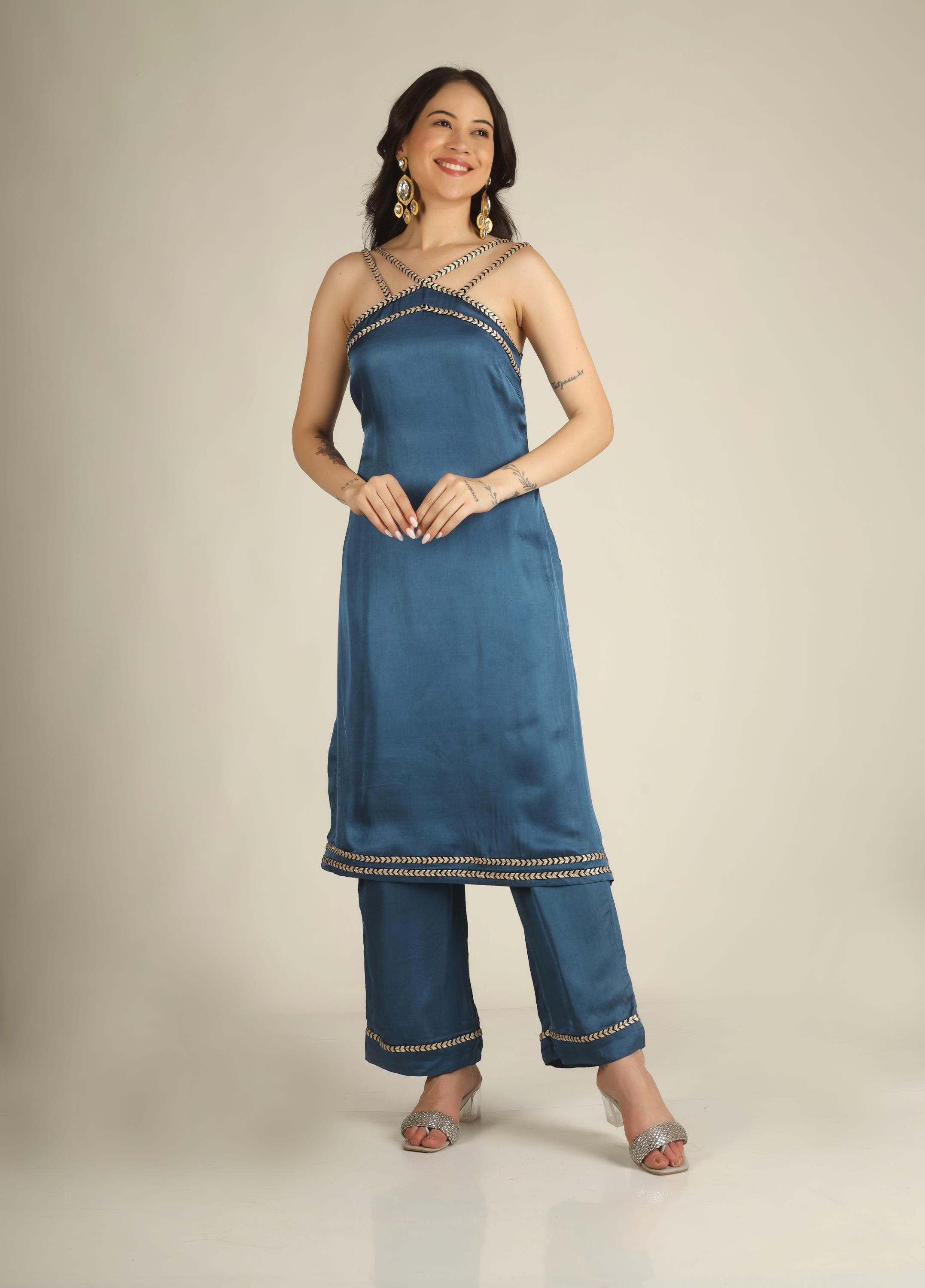 Women's Organza Tissue Beige Stitched Kurta & Pant set