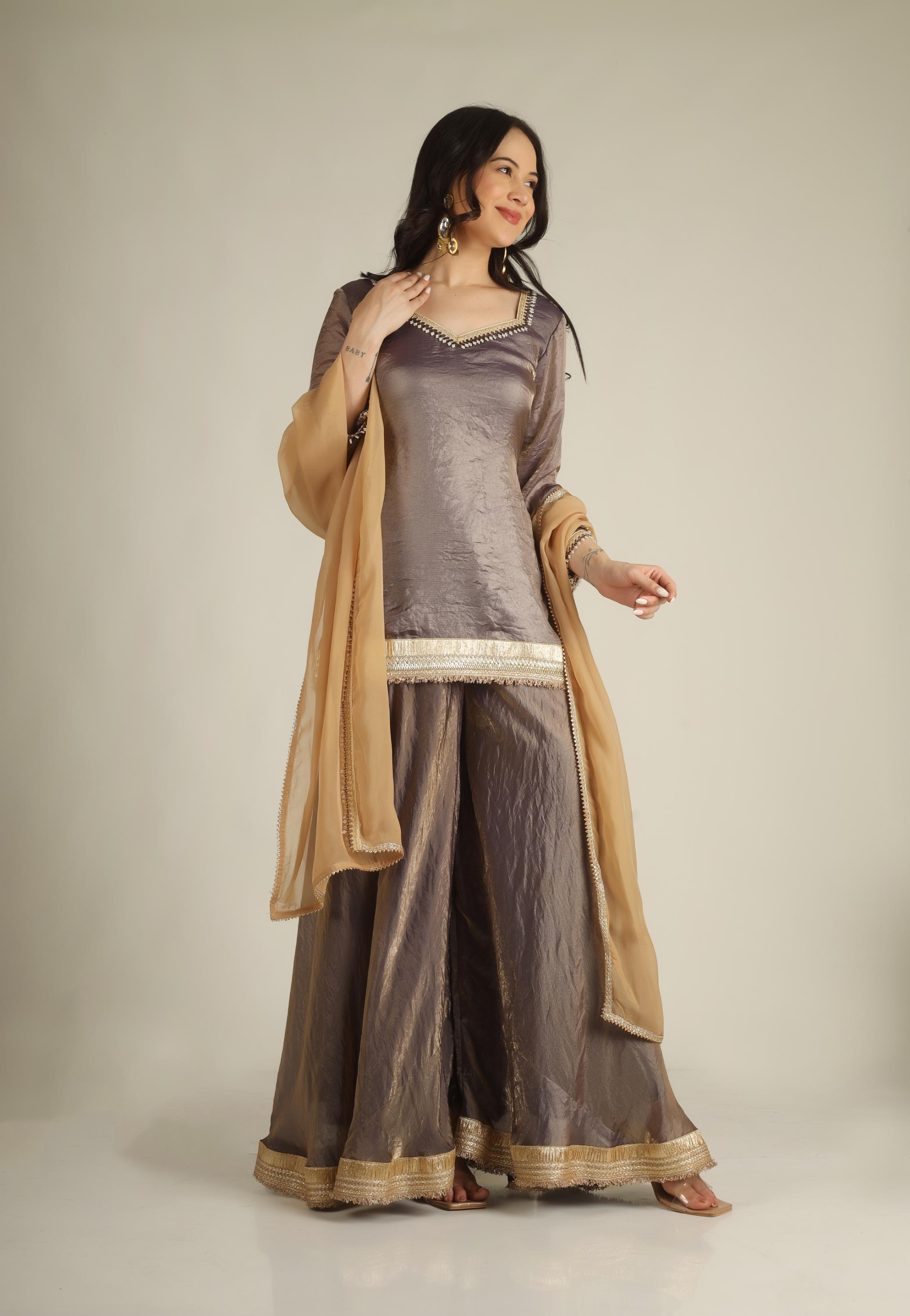 Women's Kanji Silk Purple Mauve Sharara suits/ suit sets