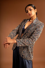 Blue ajrakh embellished jacket with blouse and flare pants