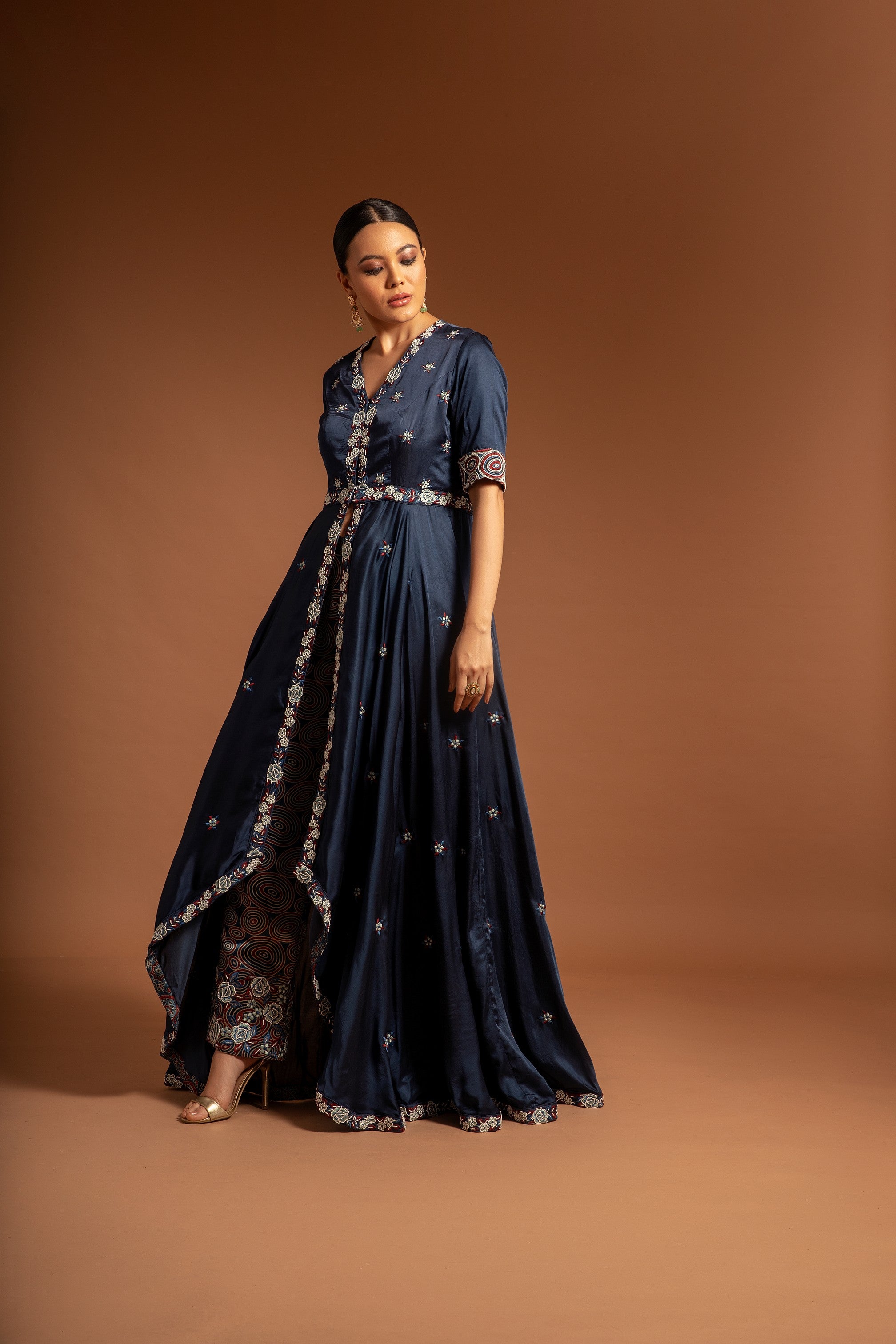 Blue embroiderered anarkali with ajrakh embellished pants