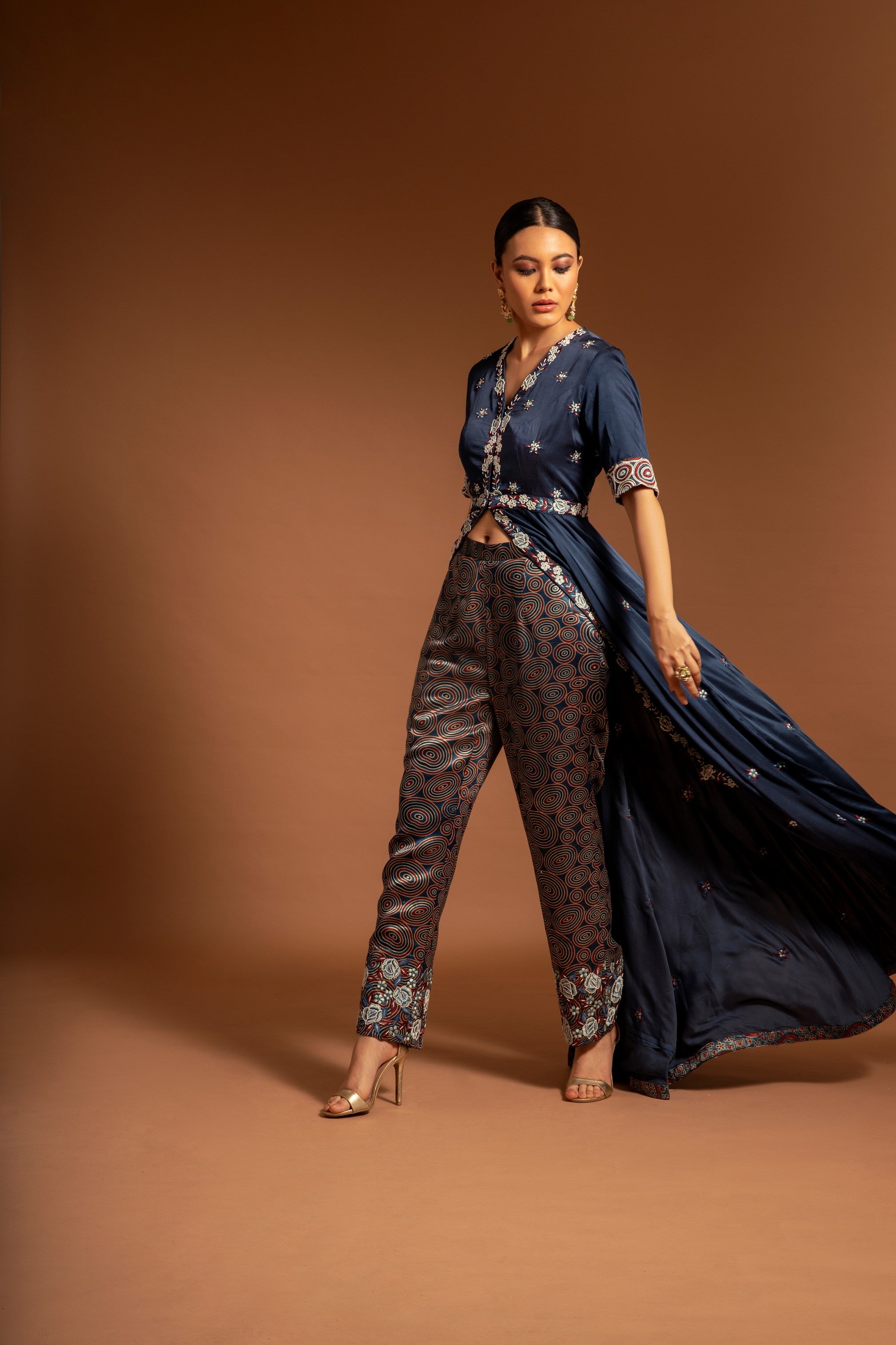 Blue embroiderered anarkali with ajrakh embellished pants