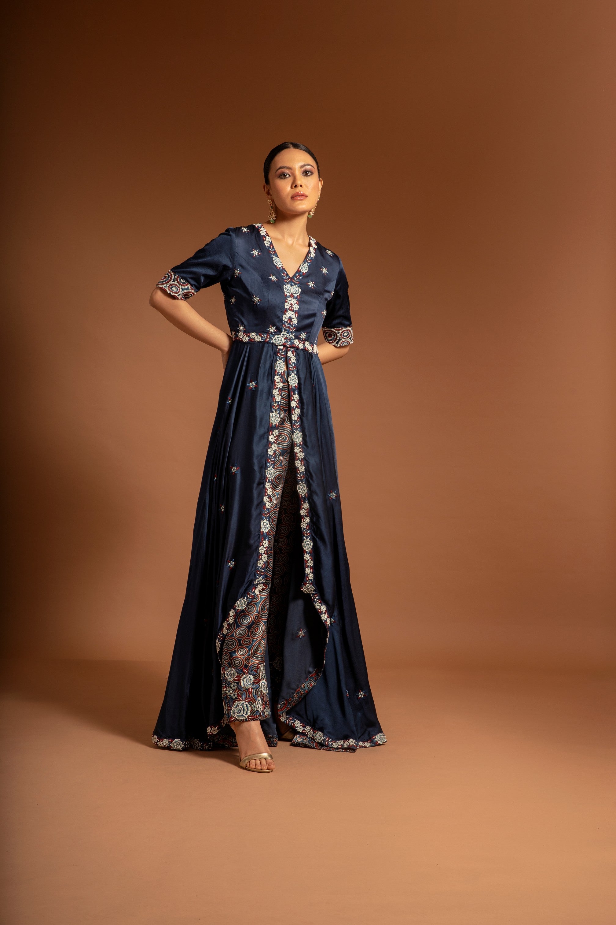 Blue embroiderered anarkali with ajrakh embellished pants