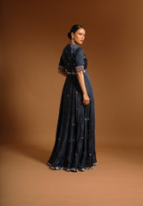 Blue embroiderered anarkali with ajrakh embellished pants