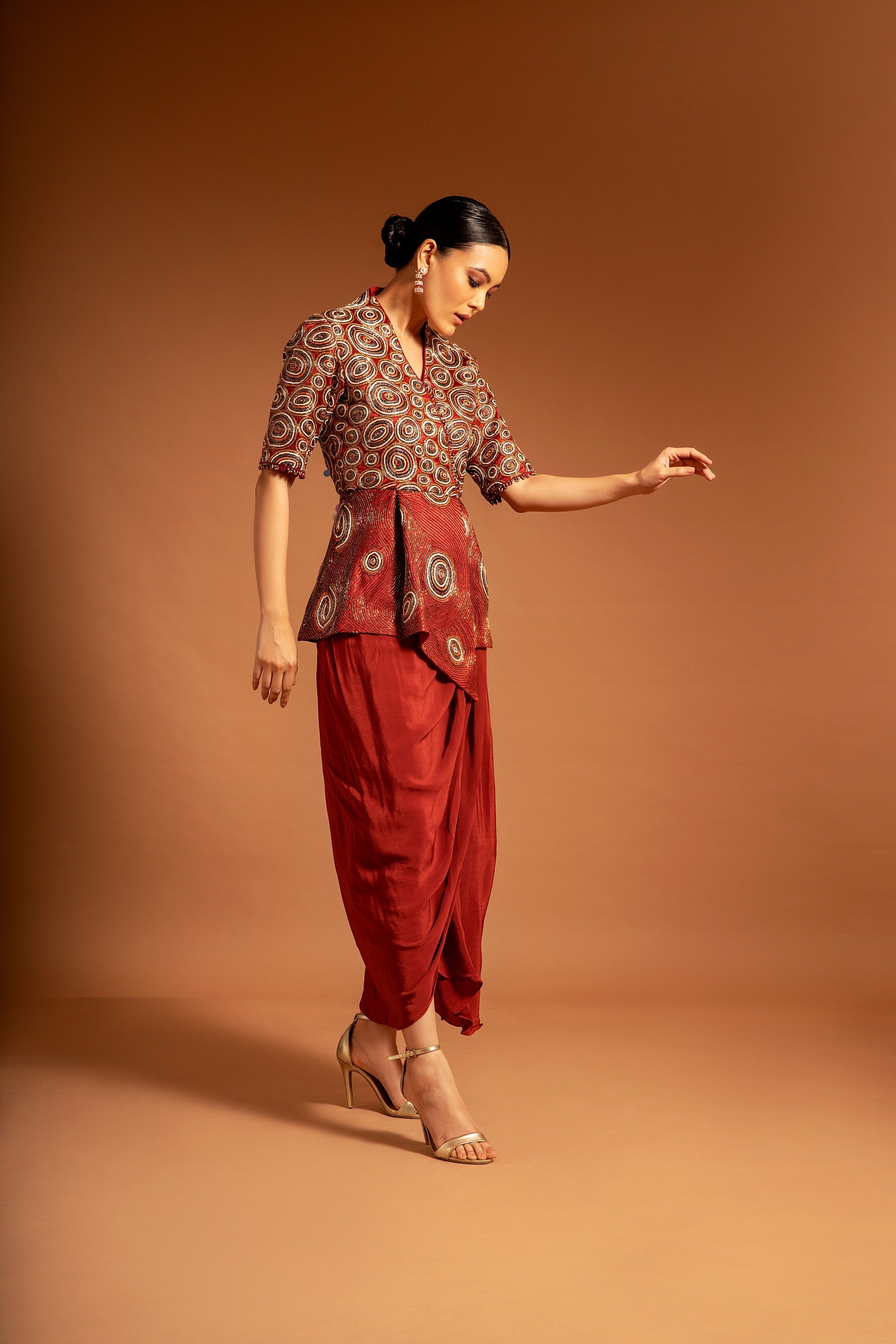 Red fully handcarfted ajrakh drape tunic
