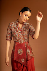 Red fully handcarfted ajrakh drape tunic
