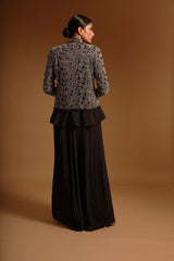 Black fully embroidered jacket with peplum top and pleated pants