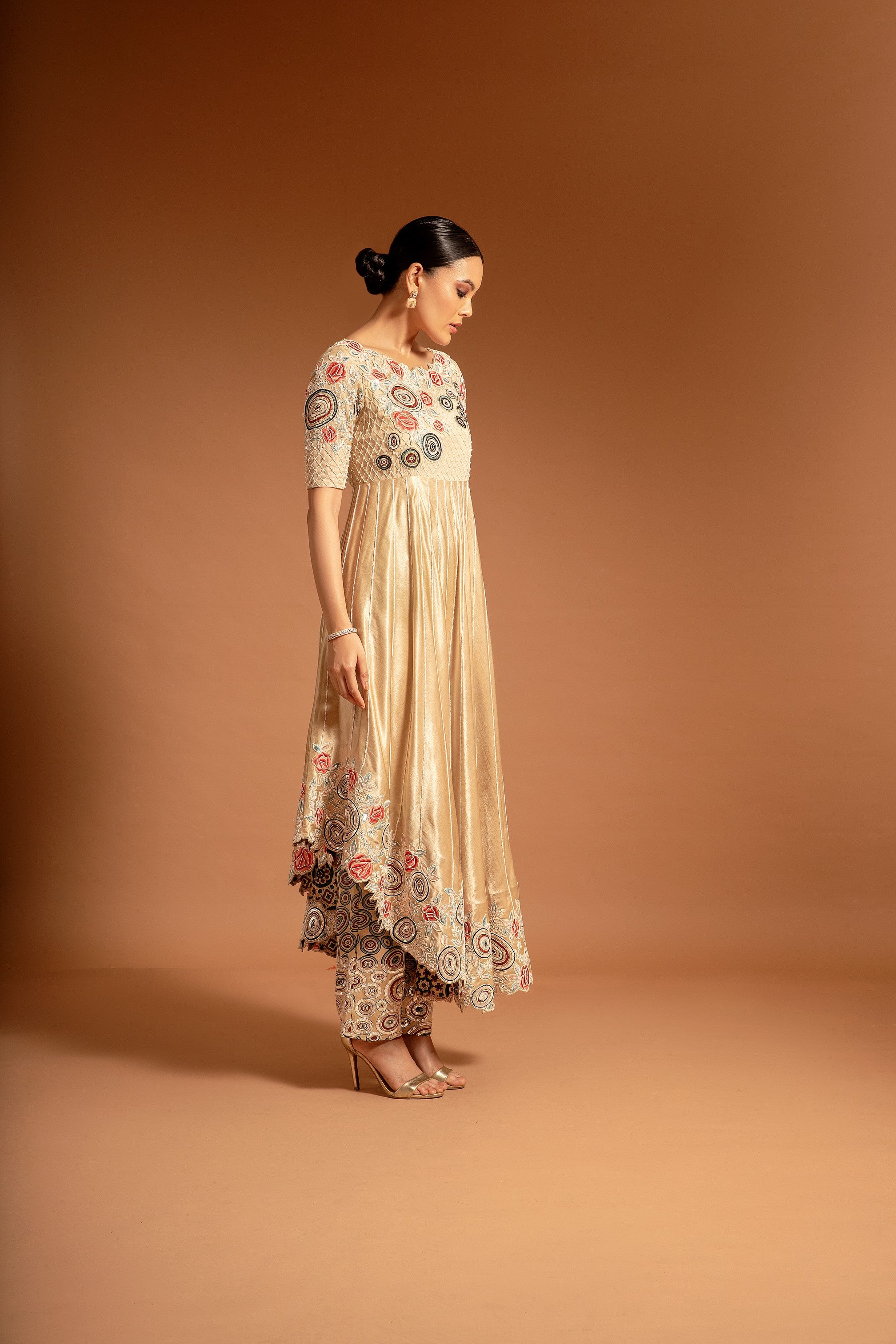 Ivory Ajrakh embroidered aasymmetric anarkali with pants