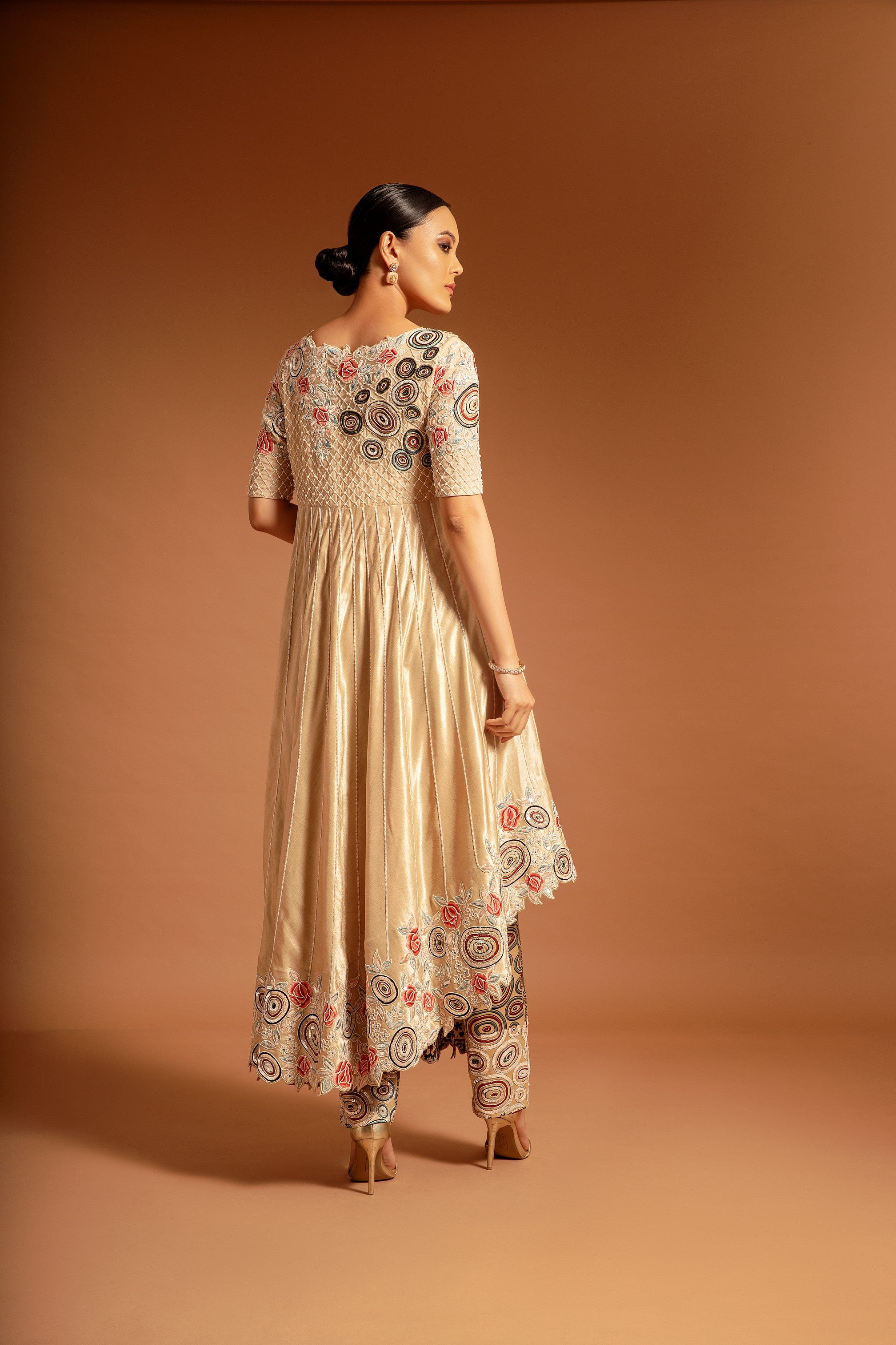 Ivory Ajrakh embroidered aasymmetric anarkali with pants