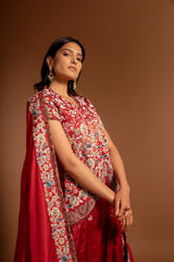 Red fully handcarfted jacket with lehenga and cape dupatta