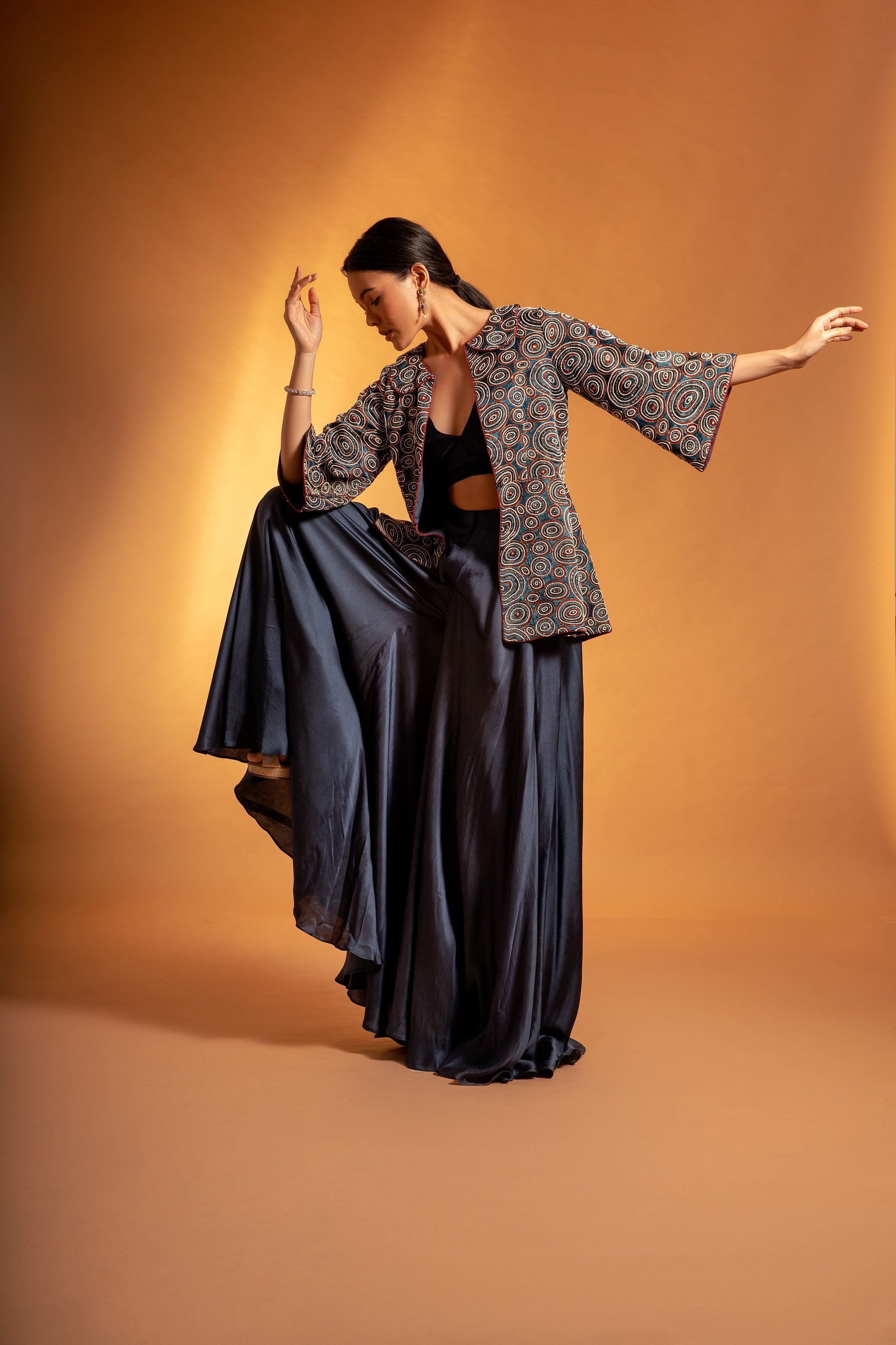Blue embroidered jacket  and bustier with pants