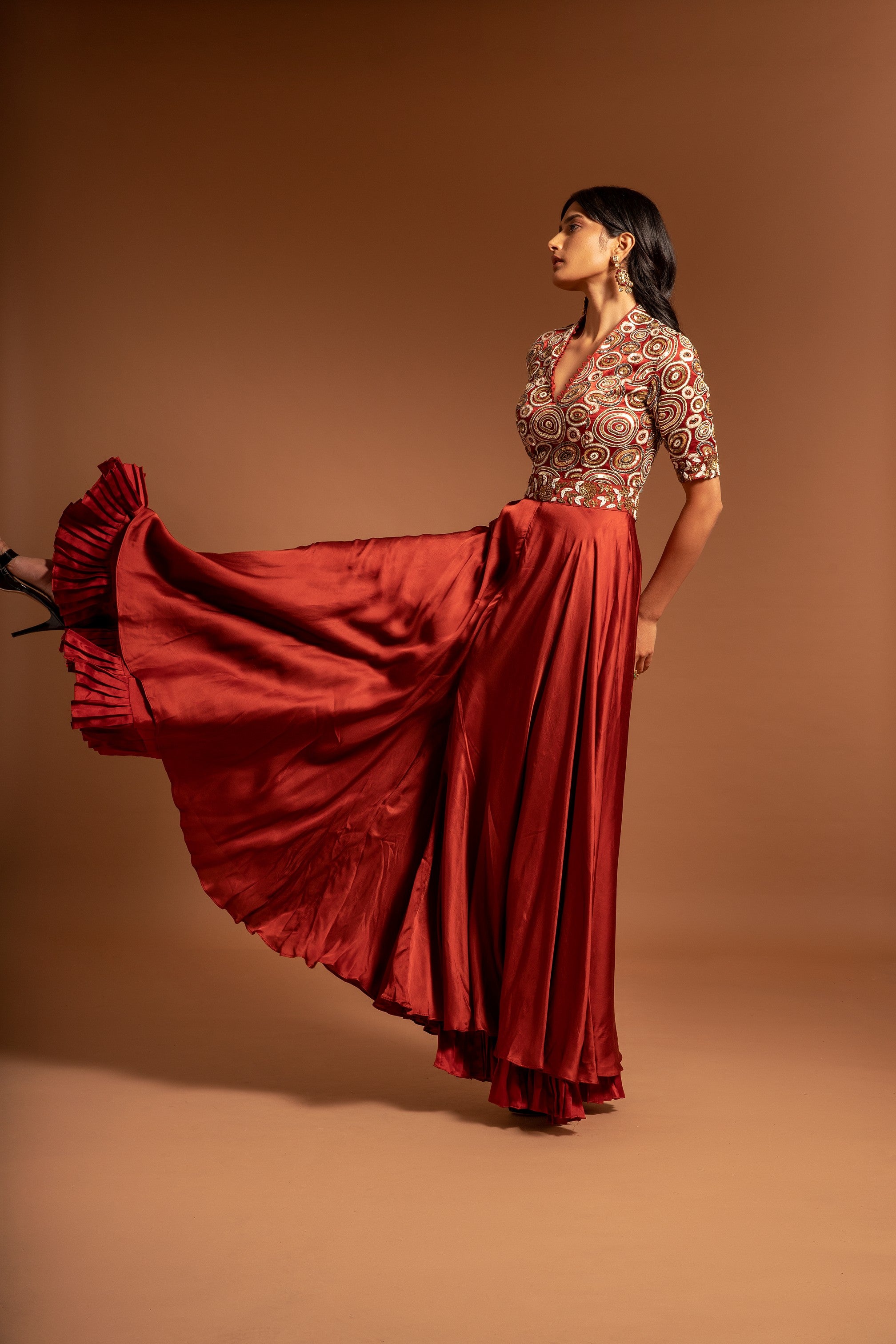 Red ajrakh fully embroidered flare jumpsuit