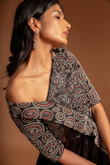 Black fully embroidered one off shoulder ajrakh anarkali