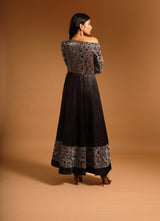 Black fully embroidered one off shoulder ajrakh anarkali