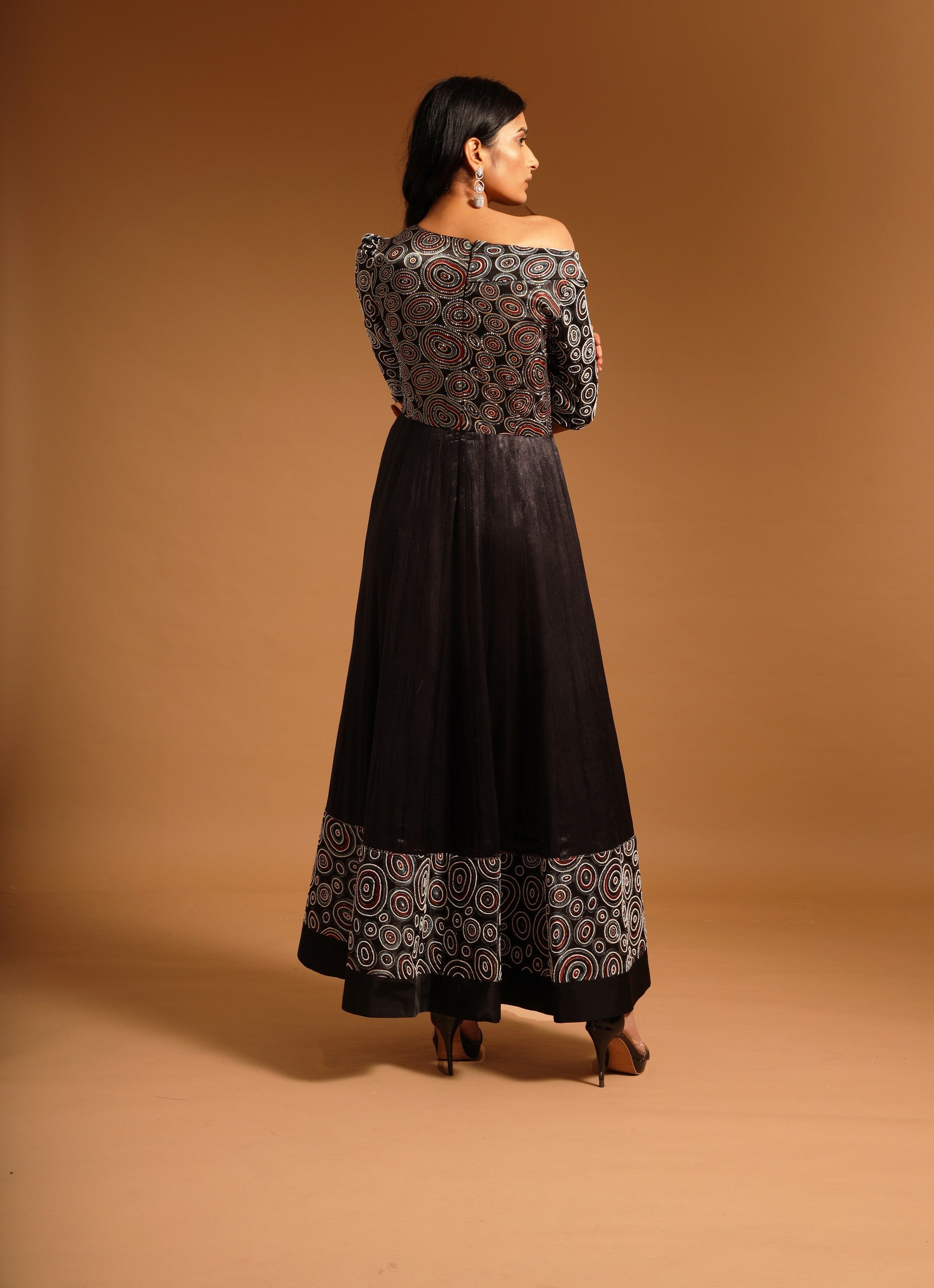Black fully embroidered one off shoulder ajrakh anarkali