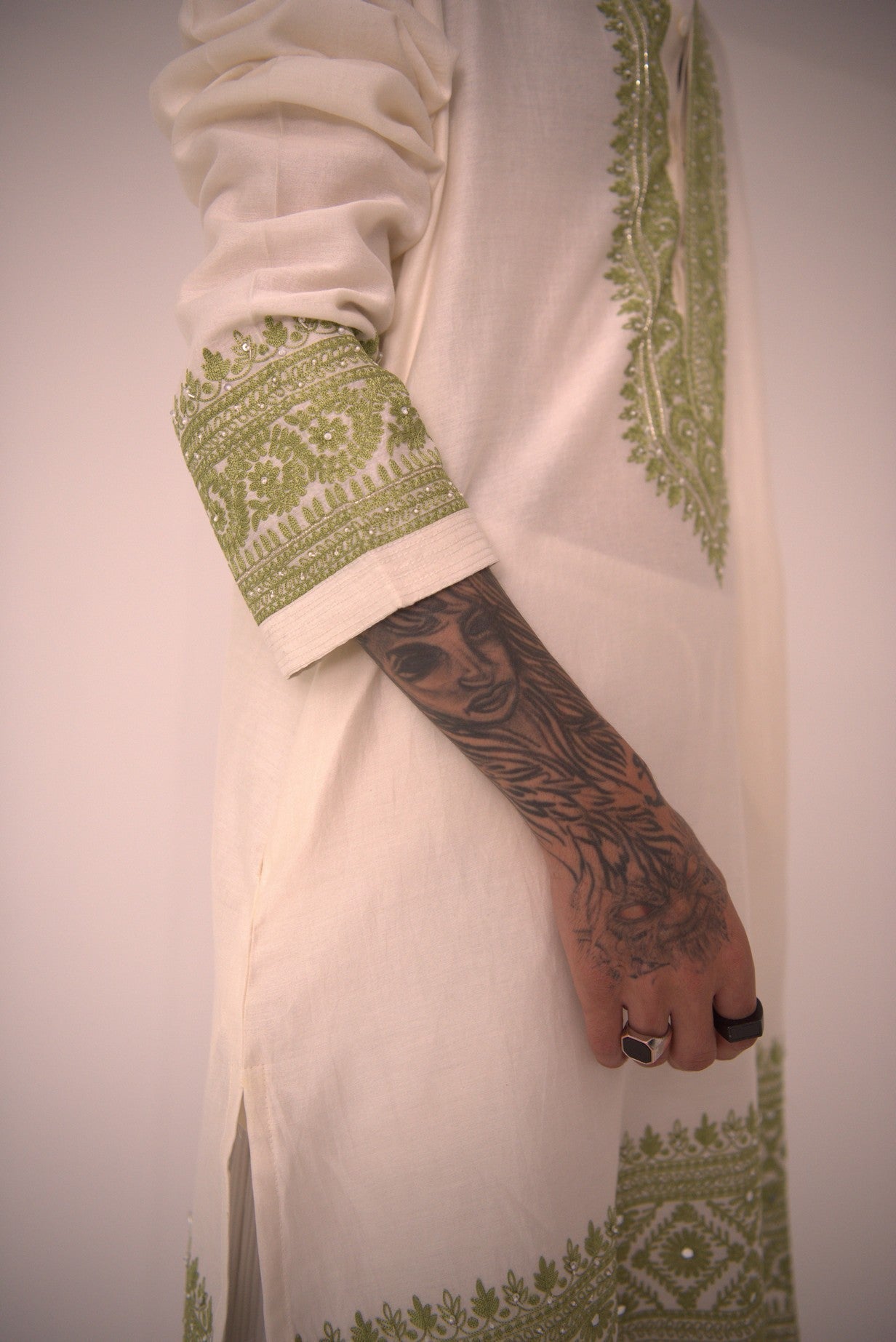 Chanderi Ivory Garnish in Green Kurta With Pants