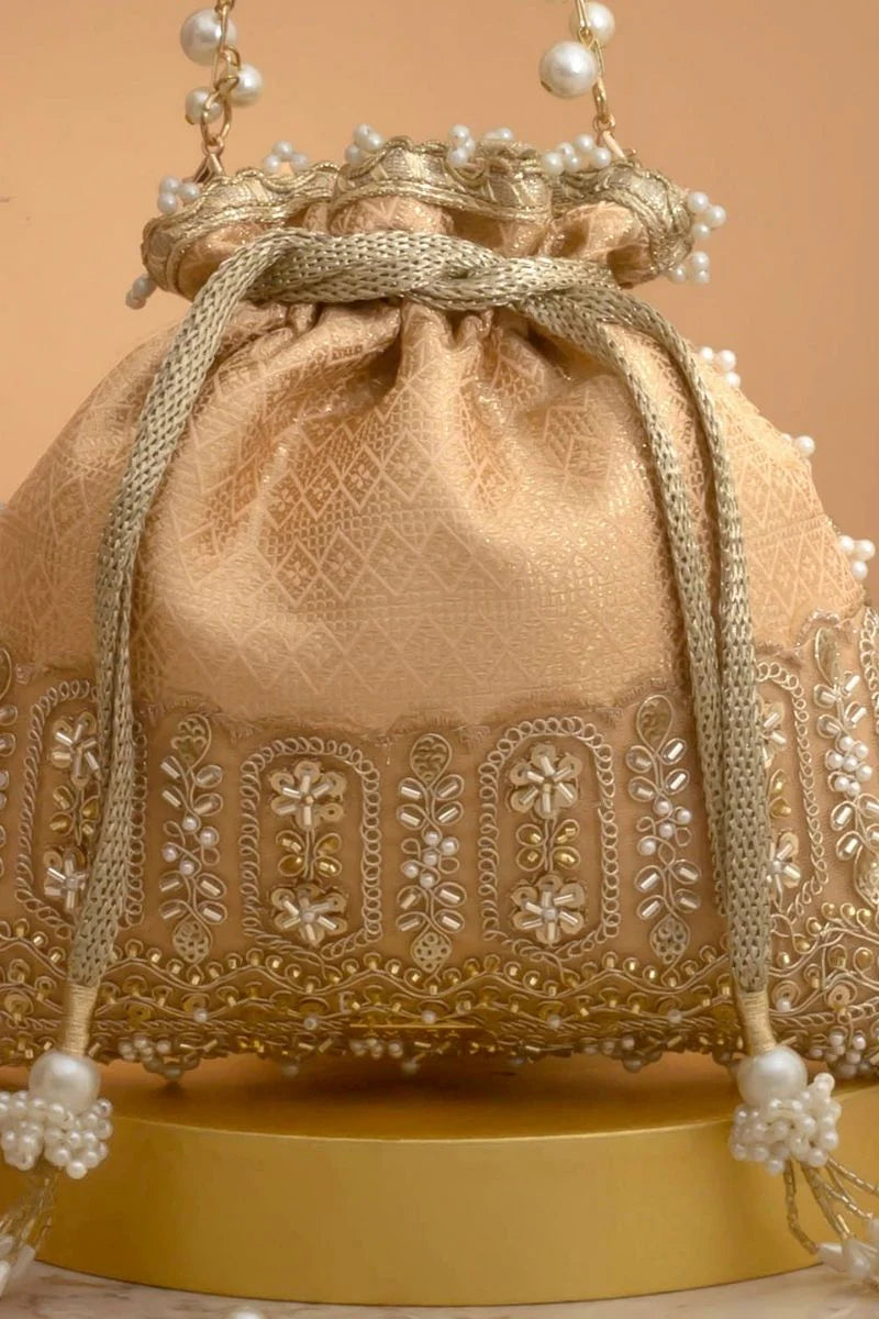Geet Brocade Embellished Potli - Peach