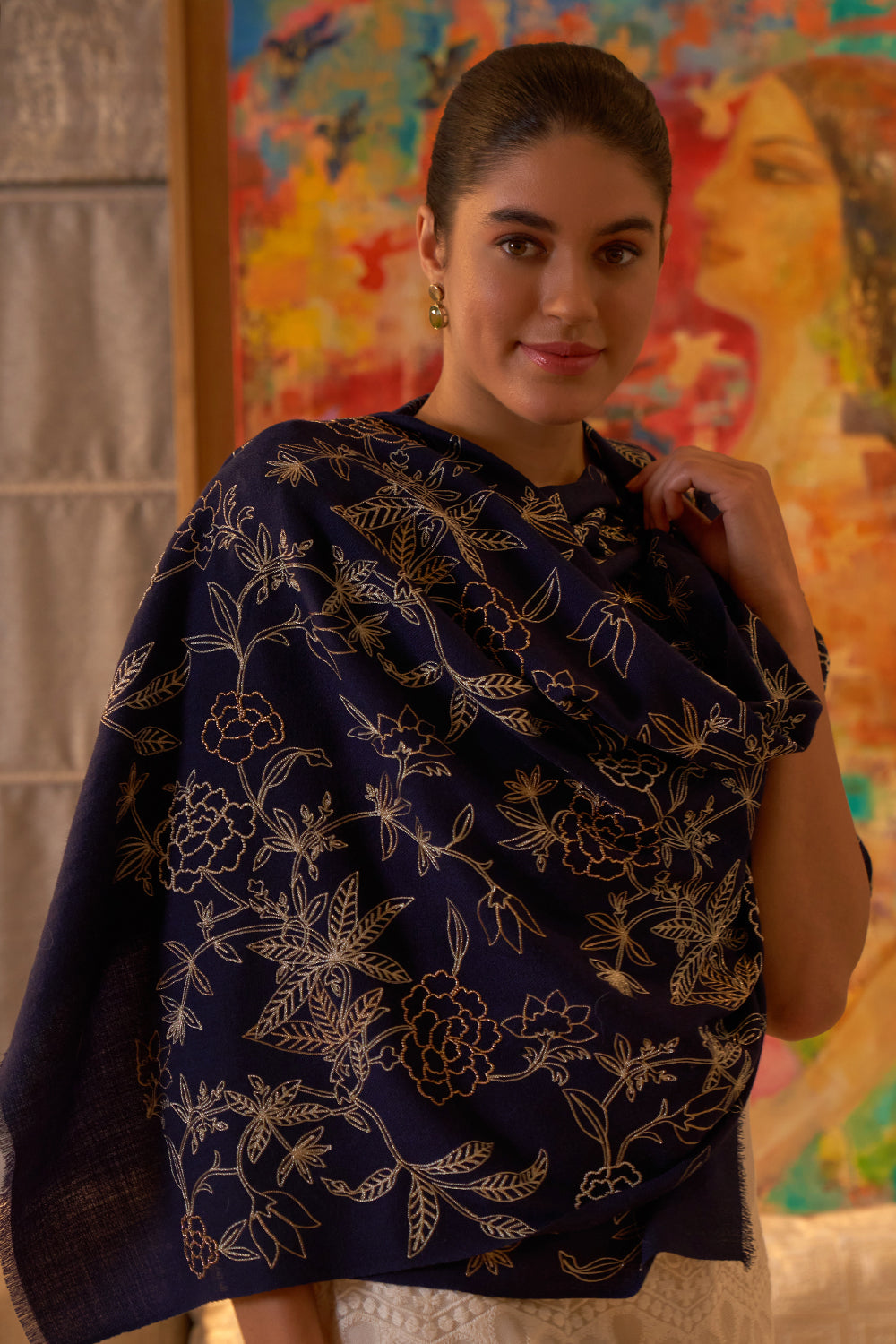 Golden Peony | Embroidered Fine Merino Wool Stole