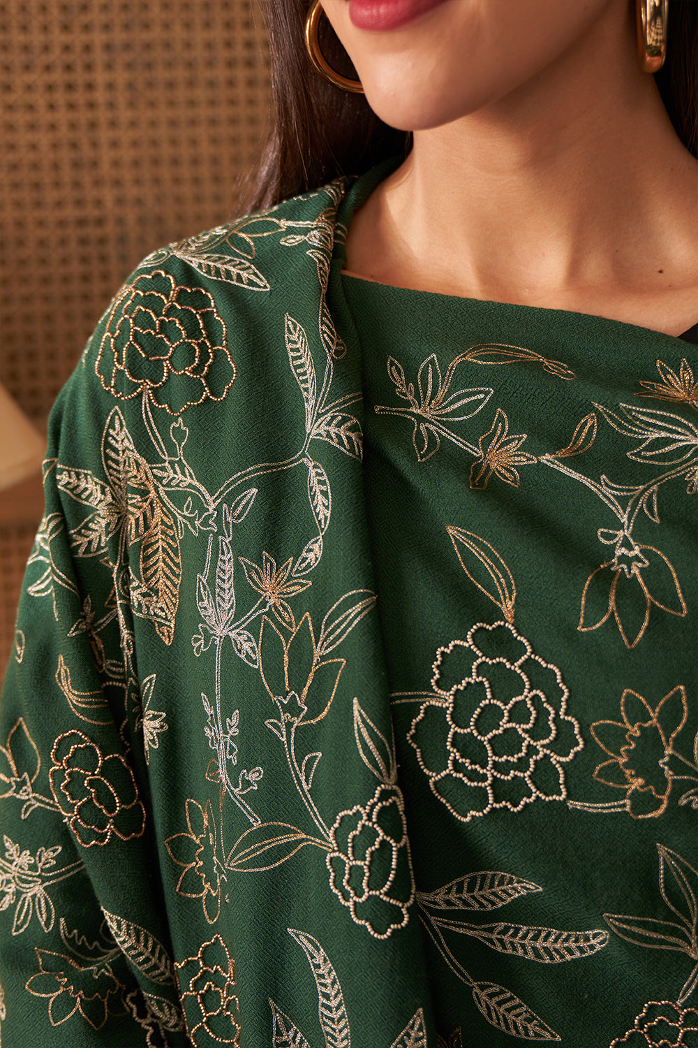 Golden Peony | Embroidered Fine Merino Wool Stole