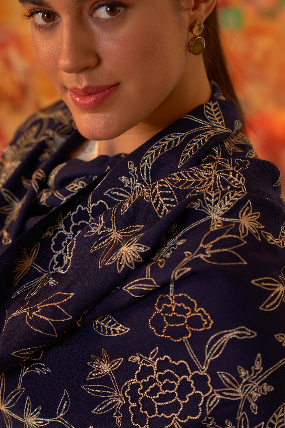 Golden Peony | Embroidered Fine Merino Wool Stole