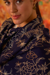 Golden Peony | Embroidered Fine Merino Wool Stole