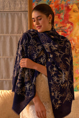 Golden Peony | Embroidered Fine Merino Wool Stole
