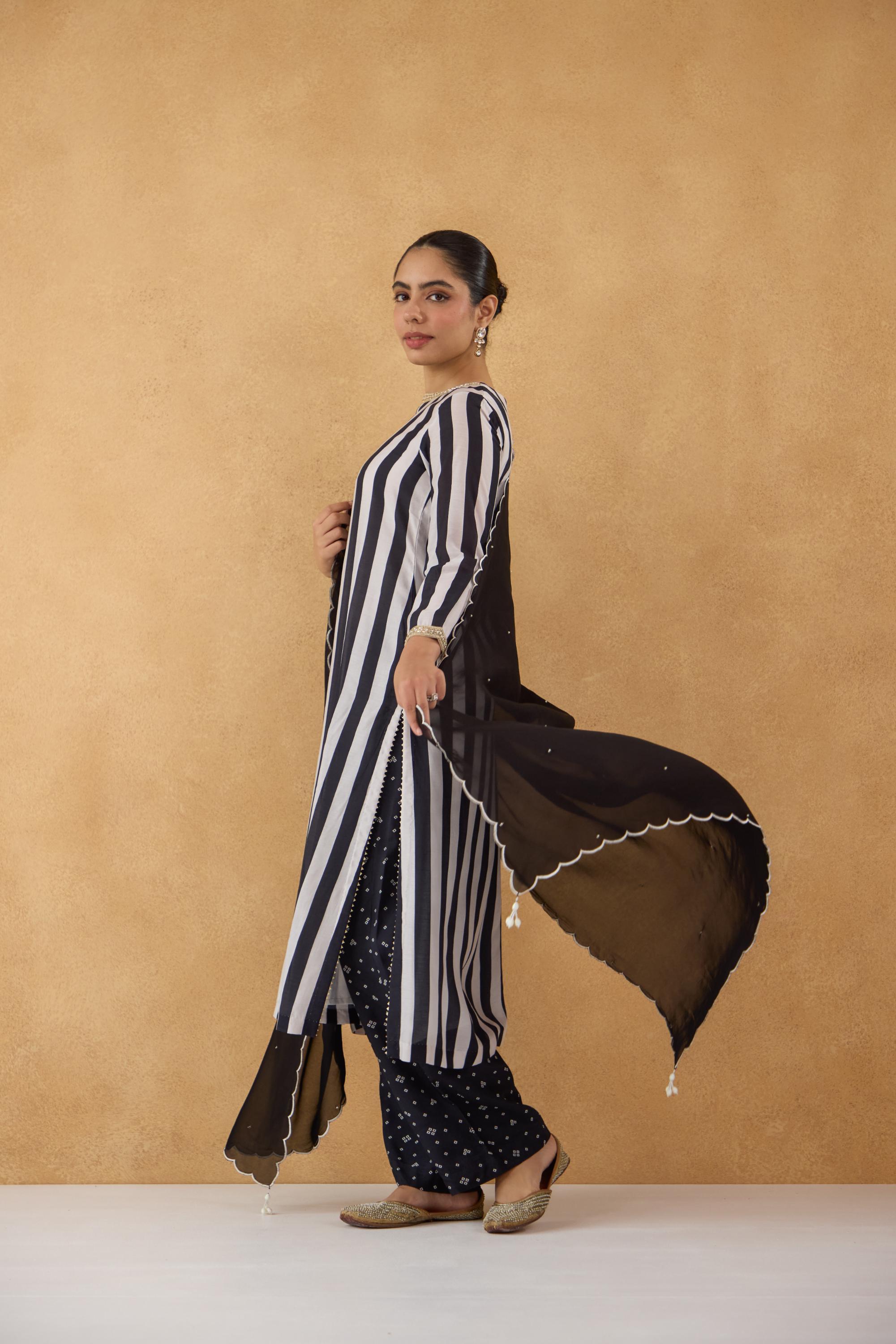 Black & White Stripe Kurta with Bandhej Pants Set of 3
