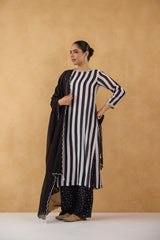 Black & White Stripe Kurta with Bandhej Pants Set of 3