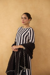Black & White Stripe Kurta with Bandhej Pants Set of 3