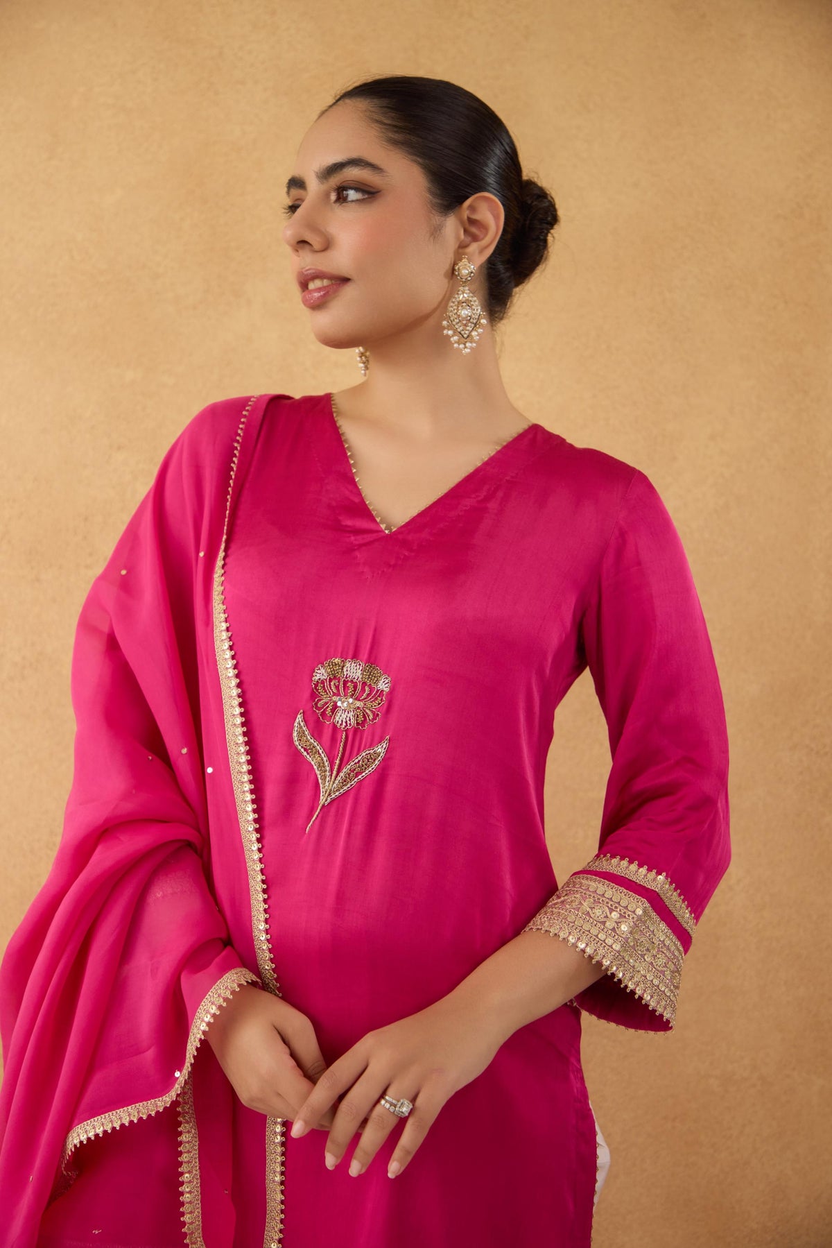Fushia Embroidered Kurta With Floral Printed Dhoti Pants