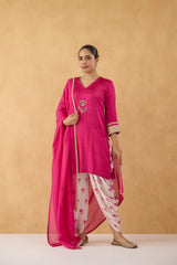 Fushia Embroidered Kurta With Floral Printed Dhoti Pants