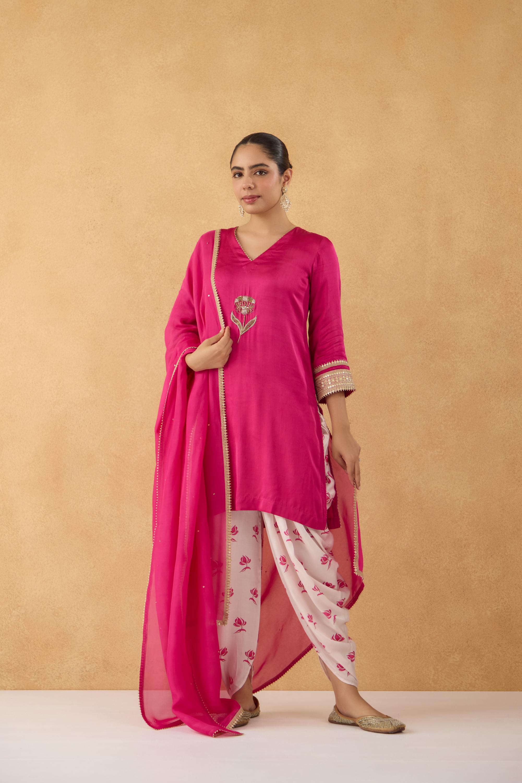 Fushia Embroidered Kurta With Floral Printed Dhoti Pants
