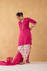 Fushia Embroidered Kurta With Floral Printed Dhoti Pants
