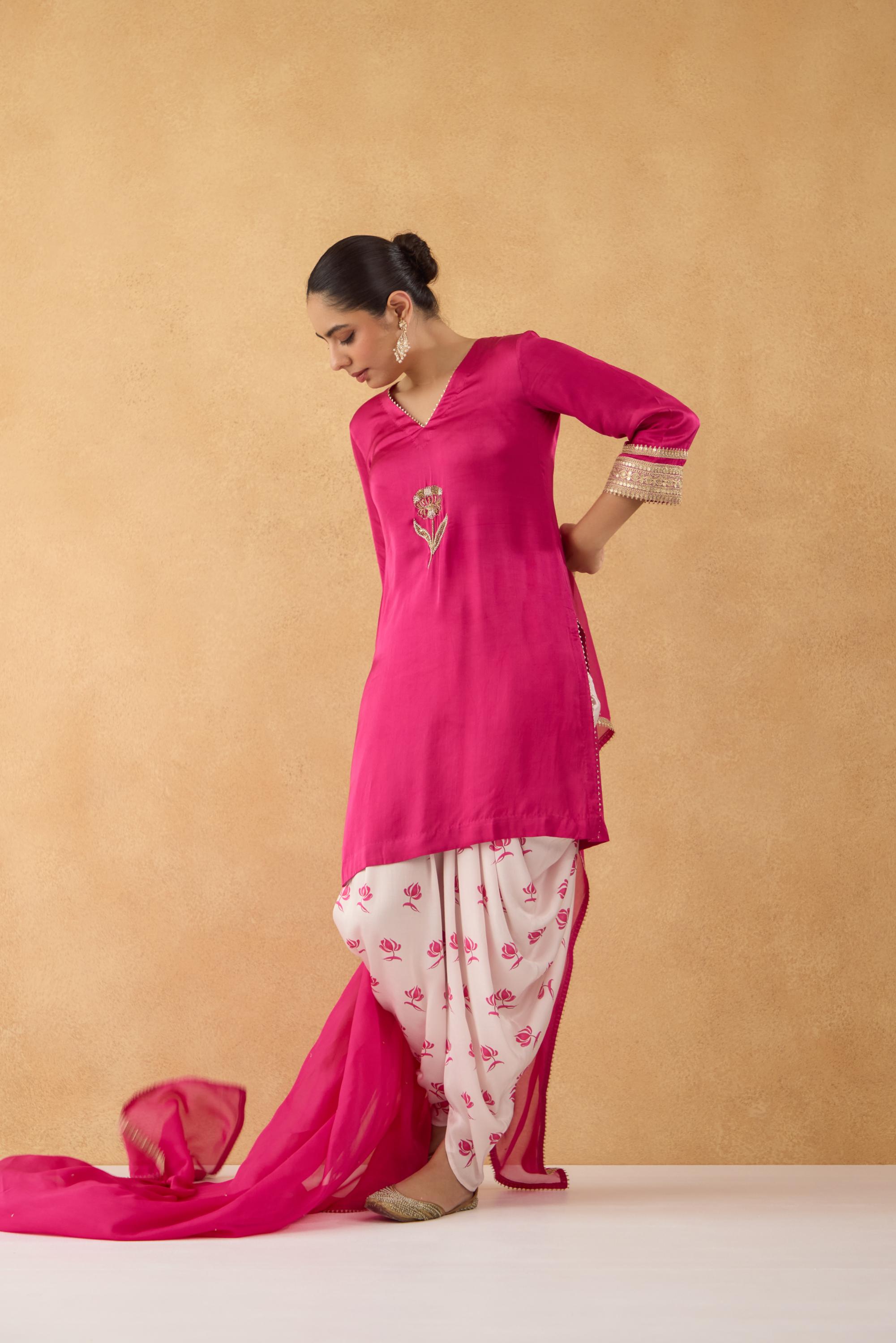Fushia Embroidered Kurta With Floral Printed Dhoti Pants