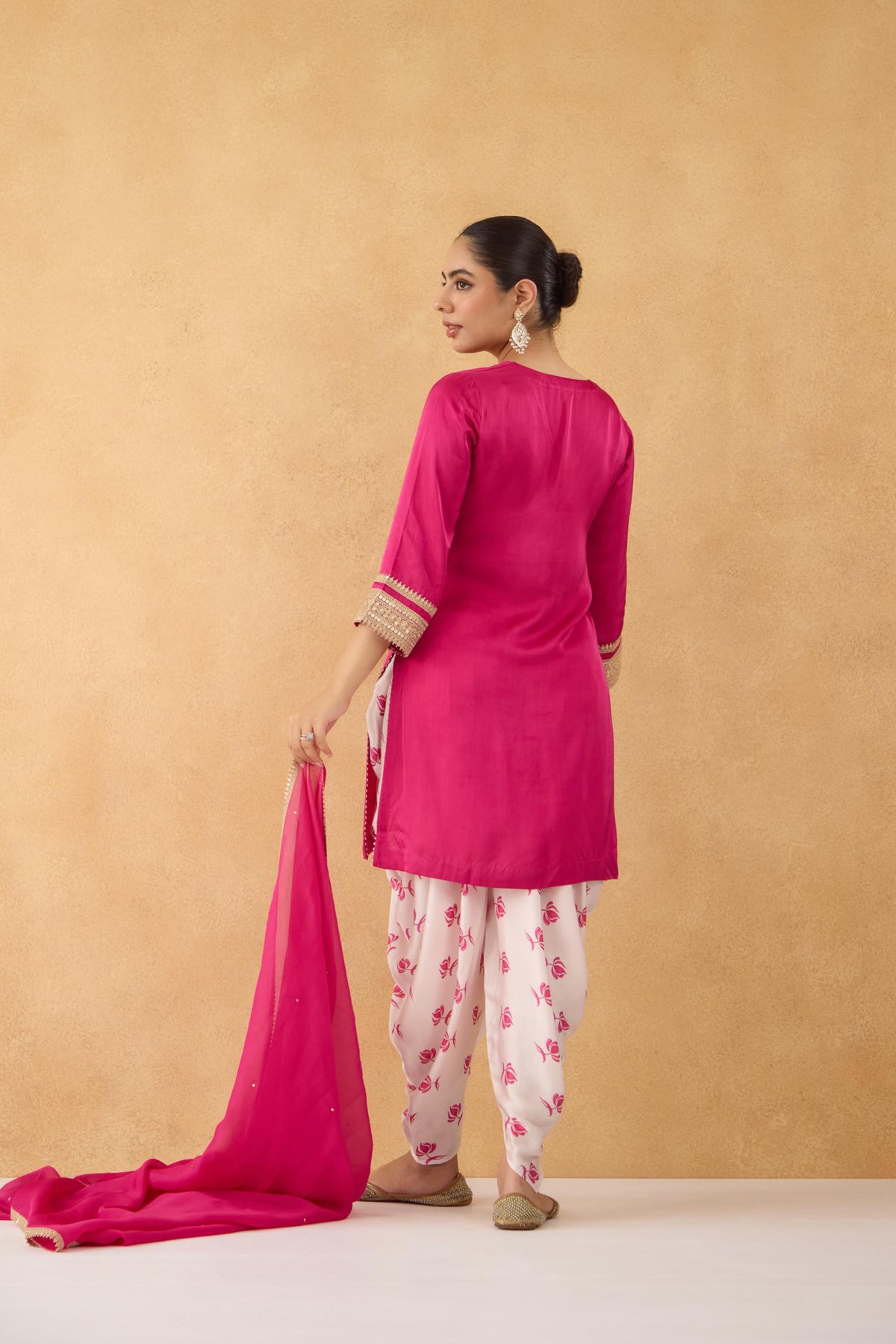 Fushia Embroidered Kurta With Floral Printed Dhoti Pants